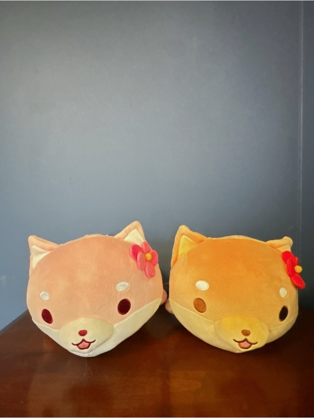 NWT 13.3” Fukuya Pair of Plush Shiba Dog Pillows — Pink and Orange
